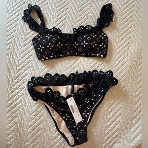 J. Crew Black Scalloped Ruffle Floral lowrider Bikini Set in laser-cut eyelet